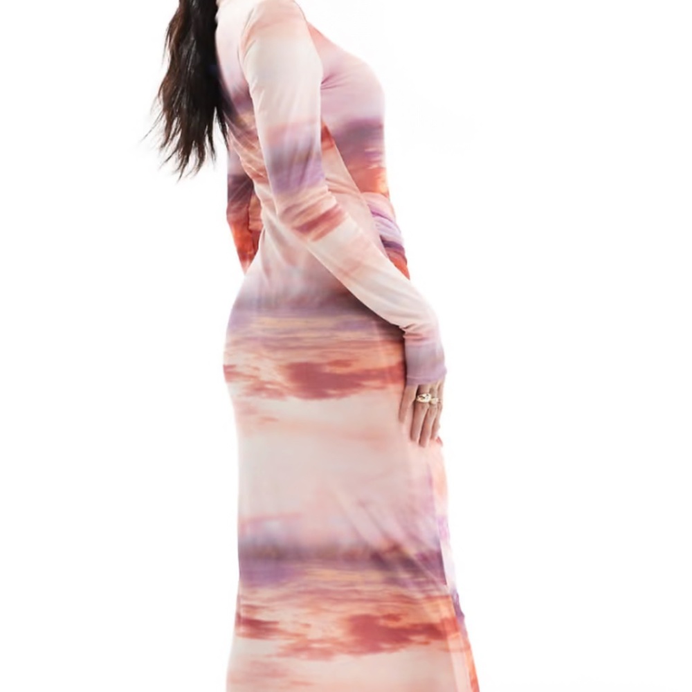 ASOS DESIGN long sleeve mesh maxi dress with ruching in watercolor print